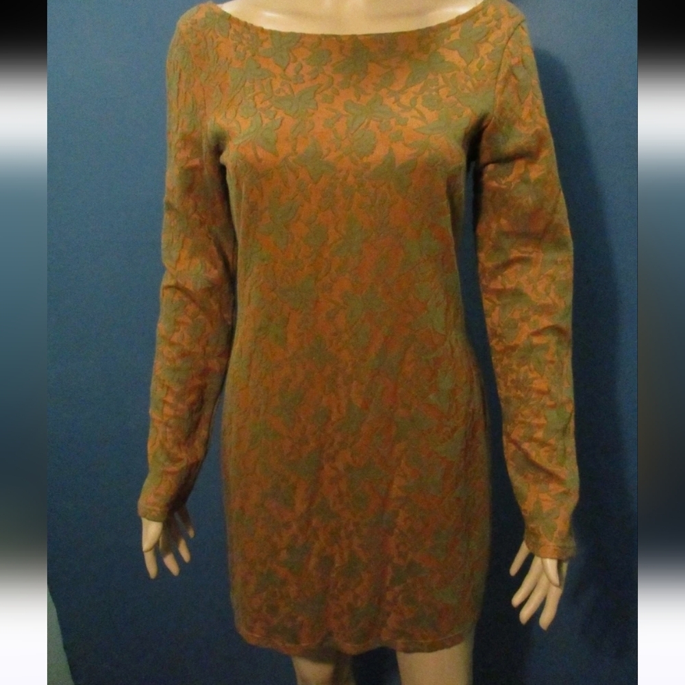 Everly Size Medium Orange And Brown Floral Damask Mini Dress